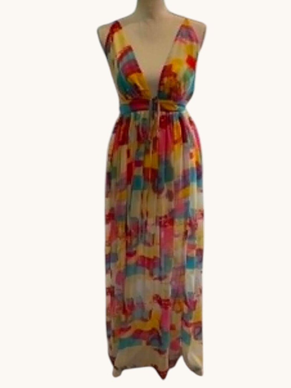 FSL colorful spaghetti strap maxi dress with a deep V-neck front tie detail